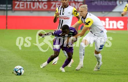 Fussball Bundesliga. SK Austria Klagenfurt gegen LASK.  Solomon Bonnah,  (Klagenfurt),    Maksym Talovierov  (LASK).  Klagenfurt, am 16.9.2023.
Foto: Kuess
---
pressefotos, pressefotografie, kuess, qs, qspictures, sport, bild, bilder, bilddatenbank