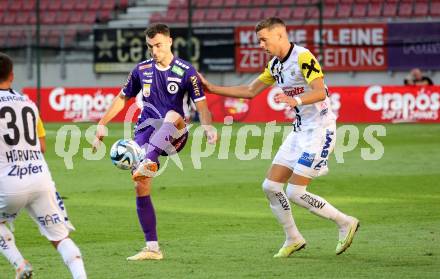 Fussball Bundesliga. SK Austria Klagenfurt gegen LASK.  Andrew Irving, (Klagenfurt), Felix Luckeneder     (LASK).  Klagenfurt, am 16.9.2023.
Foto: Kuess
---
pressefotos, pressefotografie, kuess, qs, qspictures, sport, bild, bilder, bilddatenbank