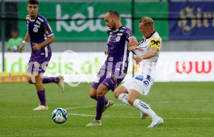 Fussball Bundesliga. SK Austria Klagenfurt gegen LASK.   Rico Benatelli, (Klagenfurt),  Thomas Goiginger   (LASK).  Klagenfurt, am 16.9.2023.
Foto: Kuess
---
pressefotos, pressefotografie, kuess, qs, qspictures, sport, bild, bilder, bilddatenbank