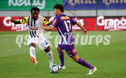 Fussball Bundesliga. SK Austria Klagenfurt gegen LASK.  Simon Straudi, (Klagenfurt),   George Bello   (LASK).  Klagenfurt, am 16.9.2023.
Foto: Kuess
---
pressefotos, pressefotografie, kuess, qs, qspictures, sport, bild, bilder, bilddatenbank