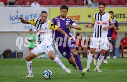 Fussball Bundesliga. SK Austria Klagenfurt gegen LASK.  Thorsten Mahrer,  (Klagenfurt),    Branko Jovicic  (LASK).  Klagenfurt, am 16.9.2023.
Foto: Kuess
---
pressefotos, pressefotografie, kuess, qs, qspictures, sport, bild, bilder, bilddatenbank