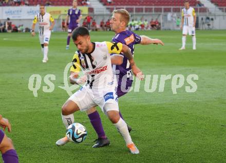 Fussball Bundesliga. SK Austria Klagenfurt gegen LASK.  Christopher Cvetko, (Klagenfurt),    Sascha Horvath  (LASK).  Klagenfurt, am 16.9.2023.
Foto: Kuess
---
pressefotos, pressefotografie, kuess, qs, qspictures, sport, bild, bilder, bilddatenbank