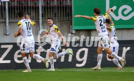 Fussball Bundesliga. SK Austria Klagenfurt gegen LASK.   Torjubel Florian Flecker (LASK).  Klagenfurt, am 16.9.2023.
Foto: Kuess
---
pressefotos, pressefotografie, kuess, qs, qspictures, sport, bild, bilder, bilddatenbank