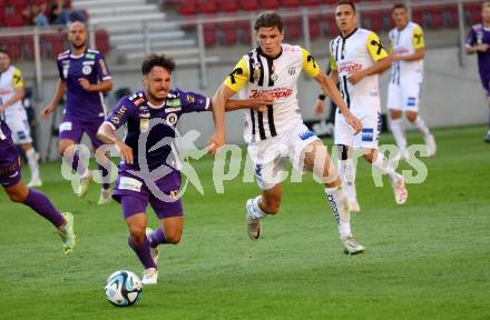 Fussball Bundesliga. SK Austria Klagenfurt gegen LASK.  Simon Straudi, (Klagenfurt),  Elias Havel    (LASK).  Klagenfurt, am 16.9.2023.
Foto: Kuess
---
pressefotos, pressefotografie, kuess, qs, qspictures, sport, bild, bilder, bilddatenbank