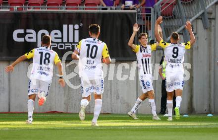 Fussball Bundesliga. SK Austria Klagenfurt gegen LASK.  Torjubel Elias Havel  (LASK).  Klagenfurt, am 16.9.2023.
Foto: Kuess
---
pressefotos, pressefotografie, kuess, qs, qspictures, sport, bild, bilder, bilddatenbank