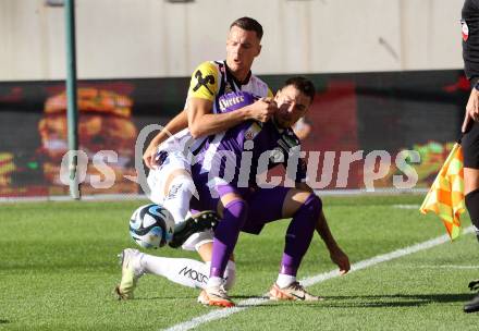 Fussball Bundesliga. SK Austria Klagenfurt gegen LASK.  Sinan Karweina, (Klagenfurt),    Felix Luckeneder   (LASK).  Klagenfurt, am 16.9.2023.
Foto: Kuess
---
pressefotos, pressefotografie, kuess, qs, qspictures, sport, bild, bilder, bilddatenbank