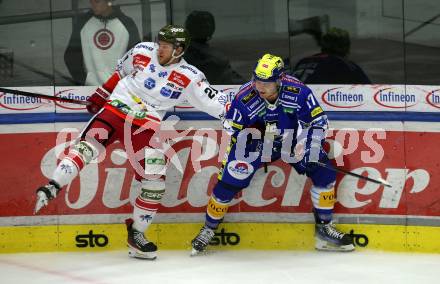 EBEL. Eishockey Bundesliga. EC VSV gegen HCB Suedtirol Alperia.    Arturs Kulda,  (VSV),    Leonardo Felicetti (Bozen). Villach, am 19.9.2023
Foto: Kuess
www.qspictures.net
---
pressefotos, pressefotografie, kuess, qs, qspictures, sport, bild, bilder, bilddatenbank