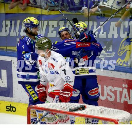 EBEL. Eishockey Bundesliga. EC VSV gegen HCB Suedtirol Alperia.   Torjubel Maximilian Rebernig, Anthony Luciani, Alexander Rauchenwald,   (VSV). Villach, am 19.9.2023
Foto: Kuess
www.qspictures.net
---
pressefotos, pressefotografie, kuess, qs, qspictures, sport, bild, bilder, bilddatenbank