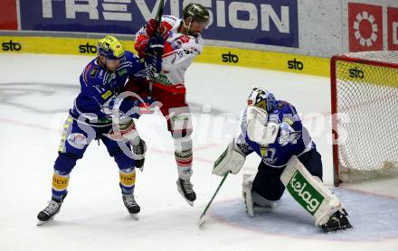 EBEL. Eishockey Bundesliga. EC VSV gegen HCB Suedtirol Alperia.   Arturs Kulda, Jean Philippe Lamoureux, (VSV),    Lucas Lessio  (Bozen). Villach, am 19.9.2023
Foto: Kuess
www.qspictures.net
---
pressefotos, pressefotografie, kuess, qs, qspictures, sport, bild, bilder, bilddatenbank