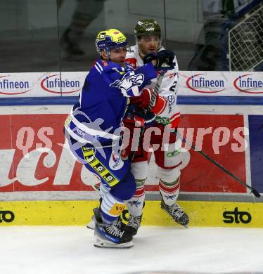 EBEL. Eishockey Bundesliga. EC VSV gegen HCB Suedtirol Alperia.  Arturs Kulda, (VSV),    Connor Ford   (Bozen). Villach, am 19.9.2023
Foto: Kuess
www.qspictures.net
---
pressefotos, pressefotografie, kuess, qs, qspictures, sport, bild, bilder, bilddatenbank