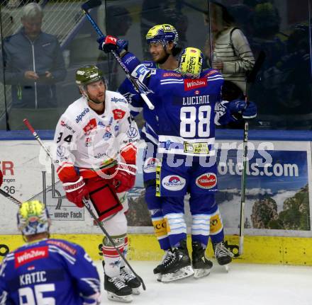 EBEL. Eishockey Bundesliga. EC VSV gegen HCB Suedtirol Alperia.    Torjubel Maximilian Rebernig, Anthony Luciani (VSV). Villach, am 19.9.2023
Foto: Kuess
www.qspictures.net
---
pressefotos, pressefotografie, kuess, qs, qspictures, sport, bild, bilder, bilddatenbank