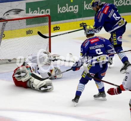 EBEL. Eishockey Bundesliga. EC VSV gegen HCB Suedtirol Alperia.    Maximilian Rebernig,  (VSV),  Niklas Svedberg  (Bozen). Villach, am 19.9.2023
Foto: Kuess
www.qspictures.net
---
pressefotos, pressefotografie, kuess, qs, qspictures, sport, bild, bilder, bilddatenbank