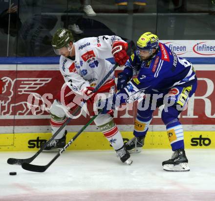 EBEL. Eishockey Bundesliga. EC VSV gegen HCB Suedtirol Alperia.   Maximilian Rebernig,  (VSV),   Blake Parlett  (Bozen). Villach, am 19.9.2023
Foto: Kuess
www.qspictures.net
---
pressefotos, pressefotografie, kuess, qs, qspictures, sport, bild, bilder, bilddatenbank