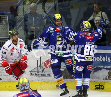 EBEL. Eishockey Bundesliga. EC VSV gegen HCB Suedtirol Alperia.   Torjubel Maximilian Rebernig, Anthony Luciani  (VSV). Villach, am 19.9.2023
Foto: Kuess
www.qspictures.net
---
pressefotos, pressefotografie, kuess, qs, qspictures, sport, bild, bilder, bilddatenbank