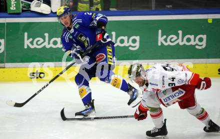 EBEL. Eishockey Bundesliga. EC VSV gegen HCB Suedtirol Alperia.   Dylan Macpherson, (VSV),    Daniel Frank  (Bozen). Villach, am 19.9.2023
Foto: Kuess
www.qspictures.net
---
pressefotos, pressefotografie, kuess, qs, qspictures, sport, bild, bilder, bilddatenbank