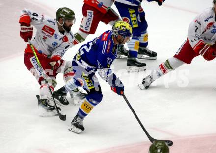 EBEL. Eishockey Bundesliga. EC VSV gegen HCB Suedtirol Alperia.   John Hughes,  (VSV),    Scott Valentine (Bozen). Villach, am 19.9.2023
Foto: Kuess
www.qspictures.net
---
pressefotos, pressefotografie, kuess, qs, qspictures, sport, bild, bilder, bilddatenbank