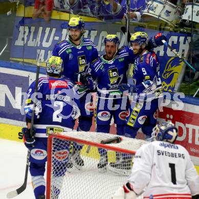 EBEL. Eishockey Bundesliga. EC VSV gegen HCB Suedtirol Alperia.  Torjubel Maximilian Rebernig, Anthony Luciani, Alexander Rauchenwald,, Dylan Macpherson   (VSV). Villach, am 19.9.2023
Foto: Kuess
www.qspictures.net
---
pressefotos, pressefotografie, kuess, qs, qspictures, sport, bild, bilder, bilddatenbank