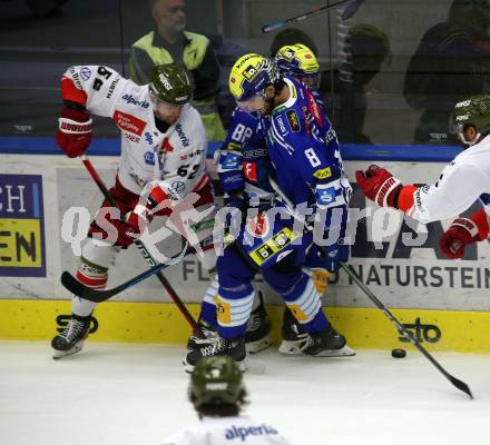 EBEL. Eishockey Bundesliga. EC VSV gegen HCB Suedtirol Alperia.   Maximilian Rebernig,  (VSV),    Joshua Teves (Bozen). Villach, am 19.9.2023
Foto: Kuess
www.qspictures.net
---
pressefotos, pressefotografie, kuess, qs, qspictures, sport, bild, bilder, bilddatenbank