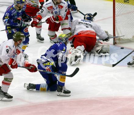 EBEL. Eishockey Bundesliga. EC VSV gegen HCB Suedtirol Alperia.  Maximilian Rebernig,  (VSV),  Niklas Svedberg,  (Bozen). Villach, am 19.9.2023
Foto: Kuess
www.qspictures.net
---
pressefotos, pressefotografie, kuess, qs, qspictures, sport, bild, bilder, bilddatenbank