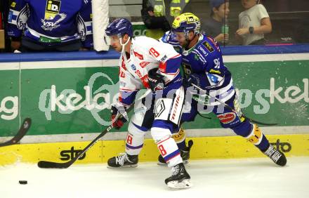 EBEL. Eishockey Bundesliga. EC VSV gegen HC Innsbruck Die Haie.   Mark Katic  (VSV), Dario Winkler  (Innsbruck). Villach, am 22.9.2023
Foto: Kuess
www.qspictures.net
---
pressefotos, pressefotografie, kuess, qs, qspictures, sport, bild, bilder, bilddatenbank