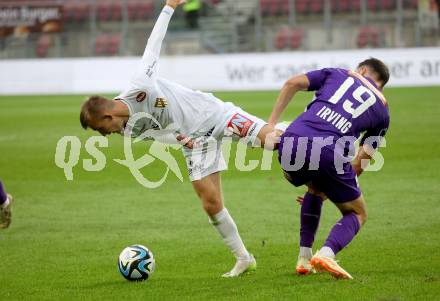 Fussball Bundesliga. SK Austria Klagenfurt gegen SC Austria Lustenau.  Andrew Irving,   (Klagenfurt),  Torben Bjarne Rhein  (Lustenau).  Klagenfurt, am 23.9.2023.
Foto: Kuess
---
pressefotos, pressefotografie, kuess, qs, qspictures, sport, bild, bilder, bilddatenbank