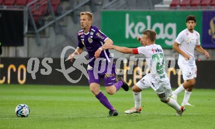 Fussball Bundesliga. SK Austria Klagenfurt gegen SC Austria Lustenau.  Christopher CVewtko,  (Klagenfurt),   Pius Grabher  (Lustenau).  Klagenfurt, am 23.9.2023.
Foto: Kuess
---
pressefotos, pressefotografie, kuess, qs, qspictures, sport, bild, bilder, bilddatenbank