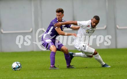 Fussball Bundesliga. SK Austria Klagenfurt gegen SC Austria Lustenau.  Till Schumacher,   (Klagenfurt),  Dos Santos Gomes Anderson   (Lustenau).  Klagenfurt, am 23.9.2023.
Foto: Kuess
---
pressefotos, pressefotografie, kuess, qs, qspictures, sport, bild, bilder, bilddatenbank