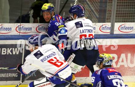 EBEL. Eishockey Bundesliga. EC VSV gegen HC Innsbruck Die Haie.   Blaz Tomazevic (VSV), Jan Lattner     (Innsbruck). Villach, am 22.9.2023
Foto: Kuess
www.qspictures.net
---
pressefotos, pressefotografie, kuess, qs, qspictures, sport, bild, bilder, bilddatenbank