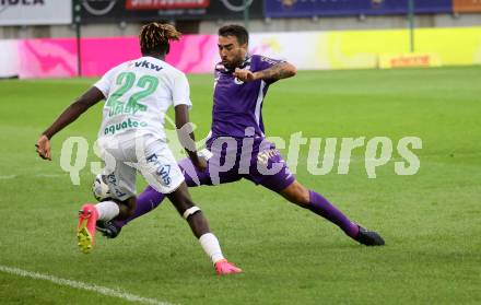 Fussball Bundesliga. SK Austria Klagenfurt gegen SC Austria Lustenau.  Kosmas Gkezos,   (Klagenfurt),   Yadaly Diaby (Lustenau).  Klagenfurt, am 23.9.2023.
Foto: Kuess
---
pressefotos, pressefotografie, kuess, qs, qspictures, sport, bild, bilder, bilddatenbank