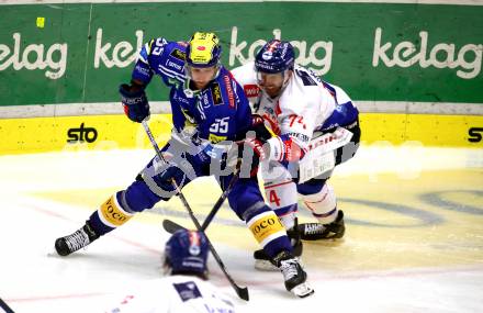 EBEL. Eishockey Bundesliga. EC VSV gegen HC Innsbruck Die Haie.  Robert Sabolic   (VSV), Nathanael Halbert  (Innsbruck). Villach, am 22.9.2023
Foto: Kuess
www.qspictures.net
---
pressefotos, pressefotografie, kuess, qs, qspictures, sport, bild, bilder, bilddatenbank