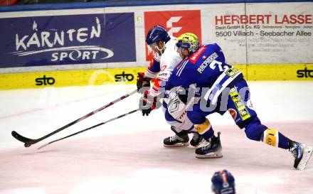 EBEL. Eishockey Bundesliga. EC VSV gegen HC Innsbruck Die Haie.  Dylan Macpherson   (VSV), Braeden Shaw  (Innsbruck). Villach, am 22.9.2023
Foto: Kuess
www.qspictures.net
---
pressefotos, pressefotografie, kuess, qs, qspictures, sport, bild, bilder, bilddatenbank