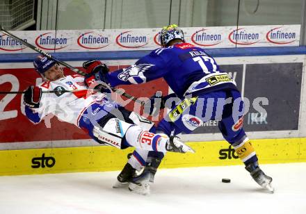 EBEL. Eishockey Bundesliga. EC VSV gegen HC Innsbruck Die Haie.  Arturs Kulda   (VSV), Dario Winkler  (Innsbruck). Villach, am 22.9.2023
Foto: Kuess
www.qspictures.net
---
pressefotos, pressefotografie, kuess, qs, qspictures, sport, bild, bilder, bilddatenbank