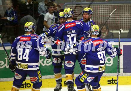 EBEL. Eishockey Bundesliga. EC VSV gegen HC Innsbruck Die Haie.  Torjubel  Andrew Desjardins, John Hughes, Robert Sabolic, Arturs Kulda, Niklas Wetzl   (VSV). Villach, am 22.9.2023
Foto: Kuess
www.qspictures.net
---
pressefotos, pressefotografie, kuess, qs, qspictures, sport, bild, bilder, bilddatenbank