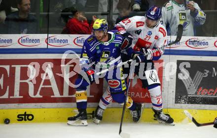 EBEL. Eishockey Bundesliga. EC VSV gegen HC Innsbruck Die Haie.  Alexander Rauchenwald,    (VSV), Anders Krogsgaard  (Innsbruck). Villach, am 22.9.2023
Foto: Kuess
www.qspictures.net
---
pressefotos, pressefotografie, kuess, qs, qspictures, sport, bild, bilder, bilddatenbank