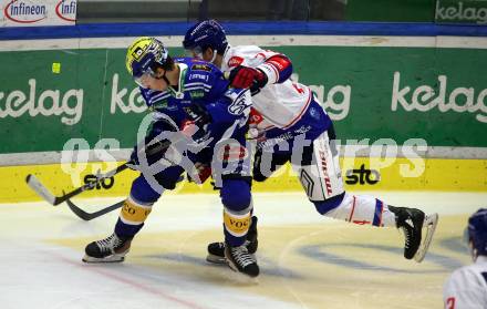 EBEL. Eishockey Bundesliga. EC VSV gegen HC Innsbruck Die Haie.   Florian Lanzinger,   (VSV),   Nathanael Halbert (Innsbruck). Villach, am 22.9.2023
Foto: Kuess
www.qspictures.net
---
pressefotos, pressefotografie, kuess, qs, qspictures, sport, bild, bilder, bilddatenbank