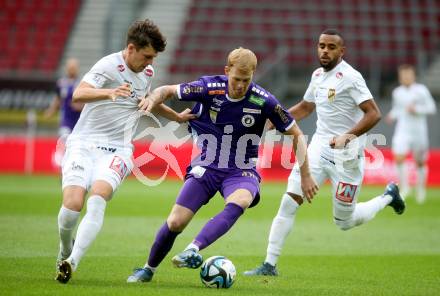 Fussball Bundesliga. SK Austria Klagenfurt gegen SC Austria Lustenau.   Jonas Arweiler,  (Klagenfurt),    Leo Maetzler (Lustenau).  Klagenfurt, am 23.9.2023.
Foto: Kuess
---
pressefotos, pressefotografie, kuess, qs, qspictures, sport, bild, bilder, bilddatenbank