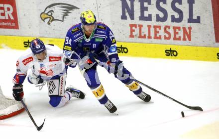 EBEL. Eishockey Bundesliga. EC VSV gegen HC Innsbruck Die Haie.   Andrew Desjardins  (VSV), Kevin Roy  (Innsbruck). Villach, am 22.9.2023
Foto: Kuess
www.qspictures.net
---
pressefotos, pressefotografie, kuess, qs, qspictures, sport, bild, bilder, bilddatenbank