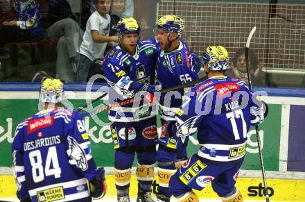 EBEL. Eishockey Bundesliga. EC VSV gegen HC Innsbruck Die Haie.   Torjubel  Andrew Desjardins, John Hughes, Robert Sabolic, Arturs Kulda  (VSV). Villach, am 22.9.2023
Foto: Kuess
www.qspictures.net
---
pressefotos, pressefotografie, kuess, qs, qspictures, sport, bild, bilder, bilddatenbank