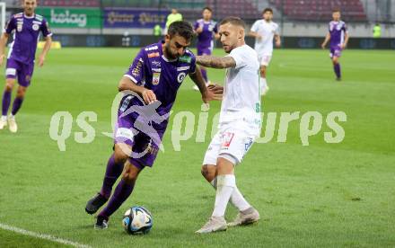 Fussball Bundesliga. SK Austria Klagenfurt gegen SC Austria Lustenau.   Kosmas Gkezos,  (Klagenfurt),  Anthony Schmid  (Lustenau).  Klagenfurt, am 23.9.2023.
Foto: Kuess
---
pressefotos, pressefotografie, kuess, qs, qspictures, sport, bild, bilder, bilddatenbank