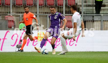 Fussball Bundesliga. SK Austria Klagenfurt gegen SC Austria Lustenau.   Andrew Irving,  (Klagenfurt),   Darijo Grijcic (Lustenau).  Klagenfurt, am 23.9.2023.
Foto: Kuess
---
pressefotos, pressefotografie, kuess, qs, qspictures, sport, bild, bilder, bilddatenbank