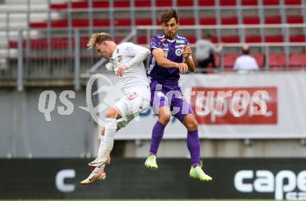 Fussball Bundesliga. SK Austria Klagenfurt gegen SC Austria Lustenau.  Thorsten Mahrer,  (Klagenfurt),  Nikolai Baden Frederiksen   (Lustenau).  Klagenfurt, am 23.9.2023.
Foto: Kuess
---
pressefotos, pressefotografie, kuess, qs, qspictures, sport, bild, bilder, bilddatenbank