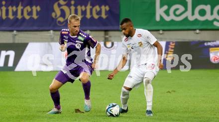 Fussball Bundesliga. SK Austria Klagenfurt gegen SC Austria Lustenau.  Florian Jaritz,    (Klagenfurt),   Dos Santos Gomes Anderson (Lustenau).  Klagenfurt, am 23.9.2023.
Foto: Kuess
---
pressefotos, pressefotografie, kuess, qs, qspictures, sport, bild, bilder, bilddatenbank