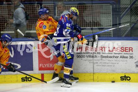 EBEL. Eishockey Bundesliga. EC VSV gegen Asiago Hockey.   Andrew Desjardins,   (VSV),   Michele Stevan (Asiago). Villach, am 26.9.2023
Foto: Kuess
www.qspictures.net
---
pressefotos, pressefotografie, kuess, qs, qspictures, sport, bild, bilder, bilddatenbank