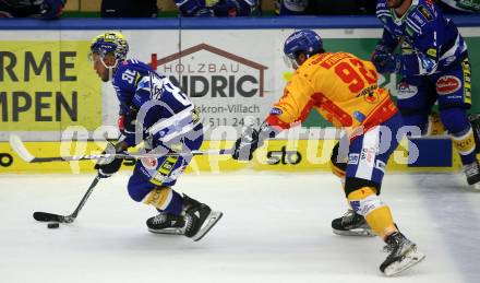 EBEL. Eishockey Bundesliga. EC VSV gegen Asiago Hockey.    Anthony Luciano,  (VSV), Giordano Finoro  (Asiago). Villach, am 26.9.2023
Foto: Kuess
www.qspictures.net
---
pressefotos, pressefotografie, kuess, qs, qspictures, sport, bild, bilder, bilddatenbank