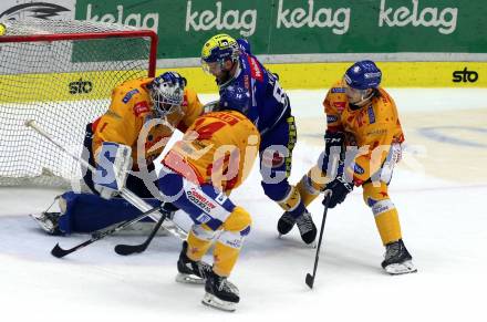 EBEL. Eishockey Bundesliga. EC VSV gegen Asiago Hockey.    Mark Katic,  (VSV), Marco De Filippo Roia, Alexander Joseph Ierullo, Bryce Gianni Alcock Misley  (Asiago). Villach, am 26.9.2023
Foto: Kuess
www.qspictures.net
---
pressefotos, pressefotografie, kuess, qs, qspictures, sport, bild, bilder, bilddatenbank