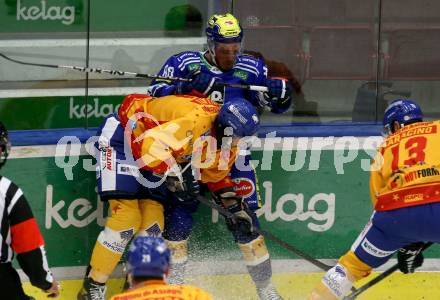 EBEL. Eishockey Bundesliga. EC VSV gegen Asiago Hockey.  Anthony Luciano,   (VSV),  Giovanni Luigi Domenico Vallati  (Asiago). Villach, am 26.9.2023
Foto: Kuess
www.qspictures.net
---
pressefotos, pressefotografie, kuess, qs, qspictures, sport, bild, bilder, bilddatenbank