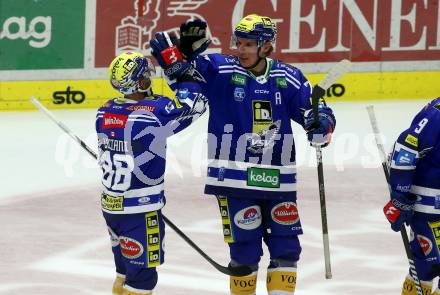 EBEL. Eishockey Bundesliga. EC VSV gegen Asiago Hockey.  Torjubel Anthony Luciani, Philipp Lindner   (VSV).  Villach, am 26.9.2023
Foto: Kuess
www.qspictures.net
---
pressefotos, pressefotografie, kuess, qs, qspictures, sport, bild, bilder, bilddatenbank