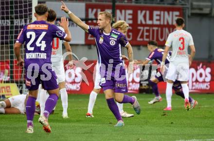 Fussball Bundesliga. SK Austria Klagenfurt gegen FC Red Bull Salzburg.  Torjubel Florian Jaritz  (Klagenfurt).  Klagenfurt, am 8.10.2023.
Foto: Kuess
---
pressefotos, pressefotografie, kuess, qs, qspictures, sport, bild, bilder, bilddatenbank