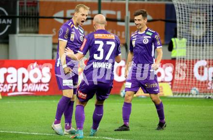 Fussball Bundesliga. SK Austria Klagenfurt gegen FC Red Bull Salzburg.   Torjubel Florian Jaritz, Nicolas Wimmer, Till Schumacher (Klagenfurt).  Klagenfurt, am 8.10.2023.
Foto: Kuess
---
pressefotos, pressefotografie, kuess, qs, qspictures, sport, bild, bilder, bilddatenbank