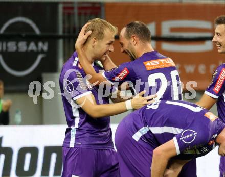 Fussball Bundesliga. SK Austria Klagenfurt gegen FC Red Bull Salzburg.   Torjubel Florian Jaritz, Rico Benatelli, (Klagenfurt).  Klagenfurt, am 8.10.2023.
Foto: Kuess
---
pressefotos, pressefotografie, kuess, qs, qspictures, sport, bild, bilder, bilddatenbank